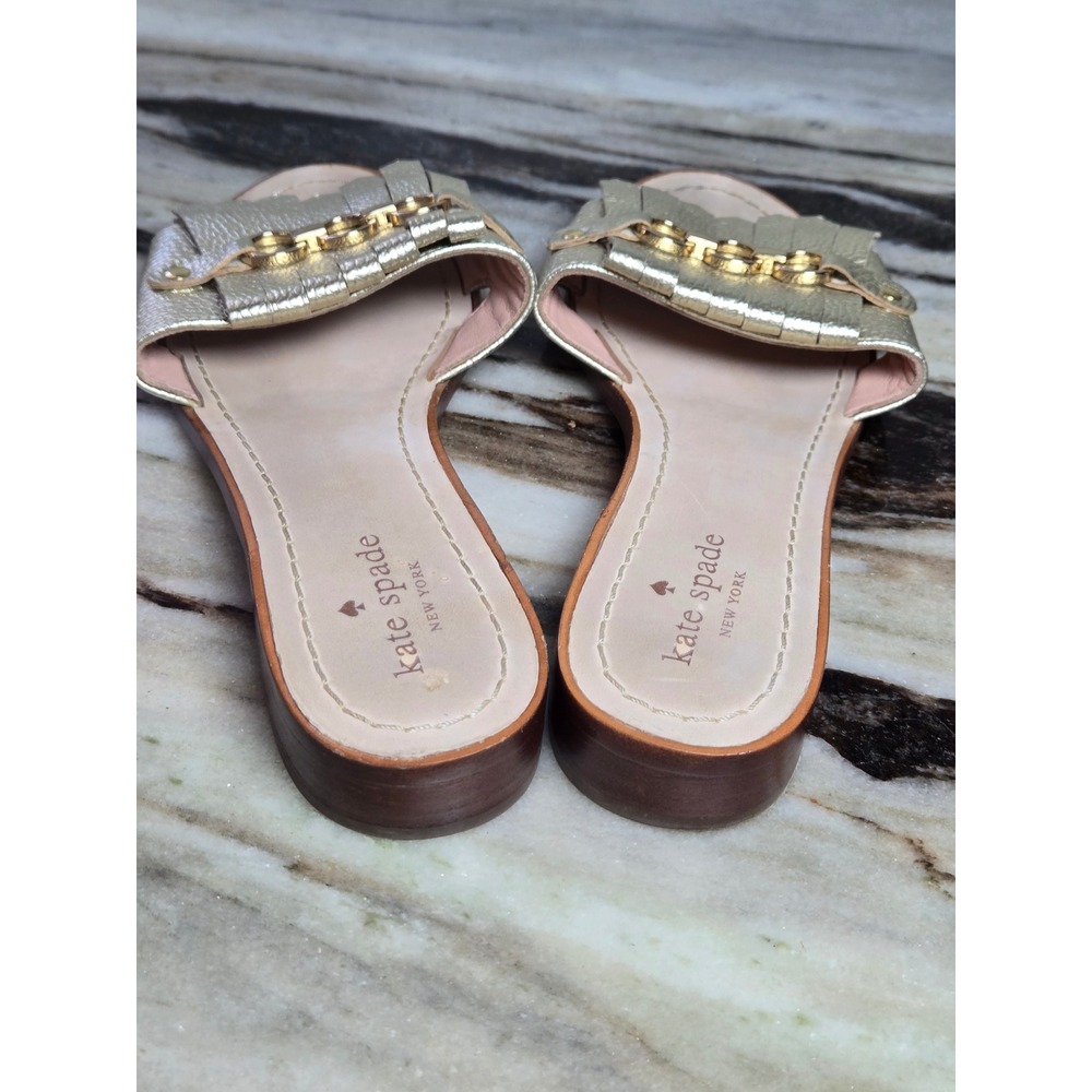 Kate Spade New York Gold Metallic Leather Kiltie Fringe Chain Slide Sandals 9.5M - Picture 5 of 10